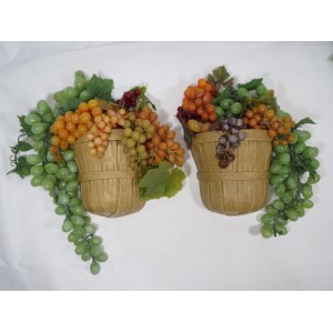 2 Vintage Homco Brown Basket Wall Pocket Hanging Grape Bunches Plastic Lifesize   183378162218